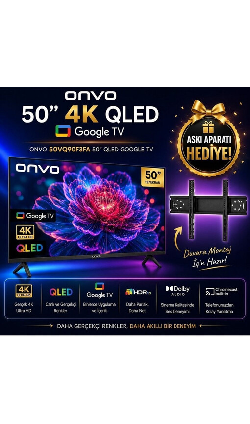 ONVO 50VQ90F3UA Uydu Alıcılı Google Smart 50 inç 127 cm 4K UHD QLED TV