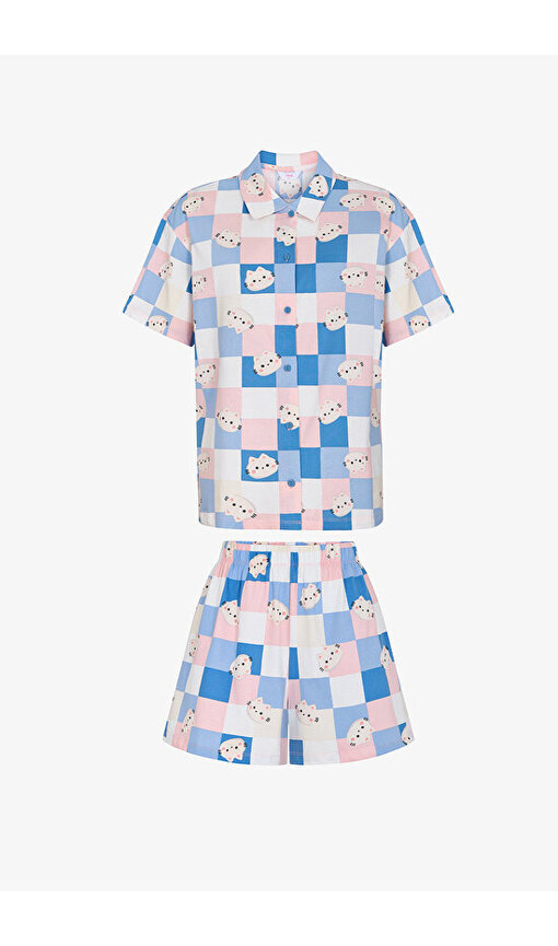 Cuteness Dama Desenli Kısa Kollu Gömlek Şort Pijama Takımı