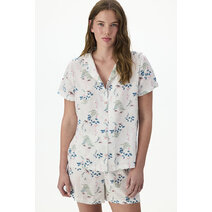 Kırık Beyaz Petal Mist Çiçekli Kısa Kollu Gömlek Şort Pijama Takımı
