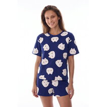Lacivert Happy Cats Kedi Desenli Kısa Kollu Şort Pijama Takımı