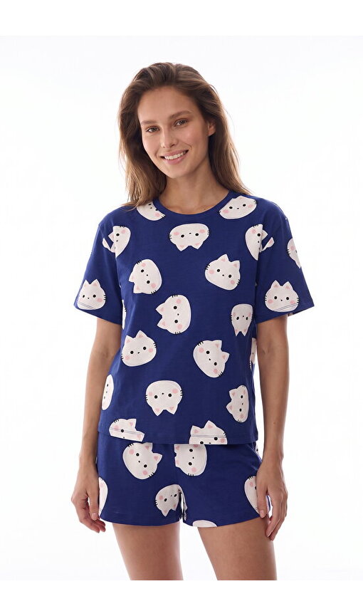 Lacivert Happy Cats Kedi Desenli Kısa Kollu Şort Pijama Takımı