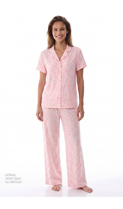 Pembe Leopar Kısa Kollu Gömlek Pantolon Pijama Takımı
