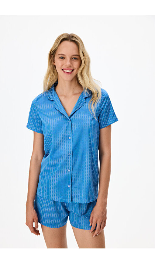 Mavi Skyline Saten Kısa Kollu Gömlek Şort Pijama Takımı