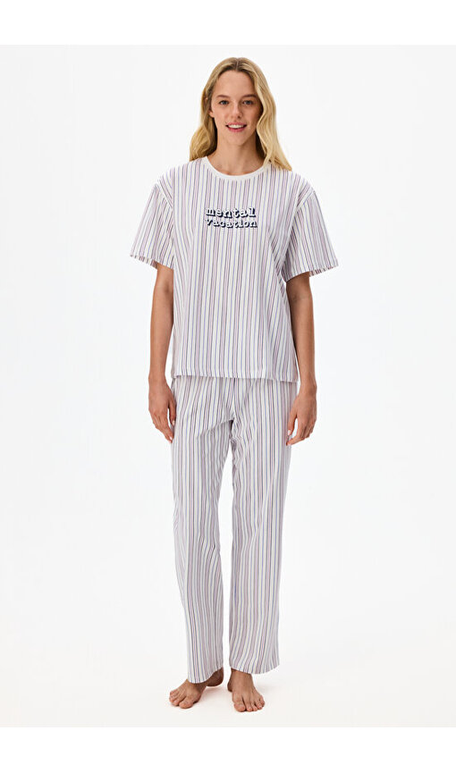 Vacation Çizgili Kısa Kollu Pantolon Pijama Takımı