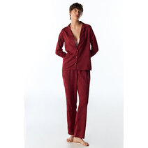 Bordo Orquidea Saten Çiçekli Uzun Kollu Gömlek Pantolon Pijama Takımı